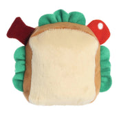 Szendvics plüss játék hátulról, egyszínű világos és barna felülettel, bolyhos anyagból és puha kivitelben