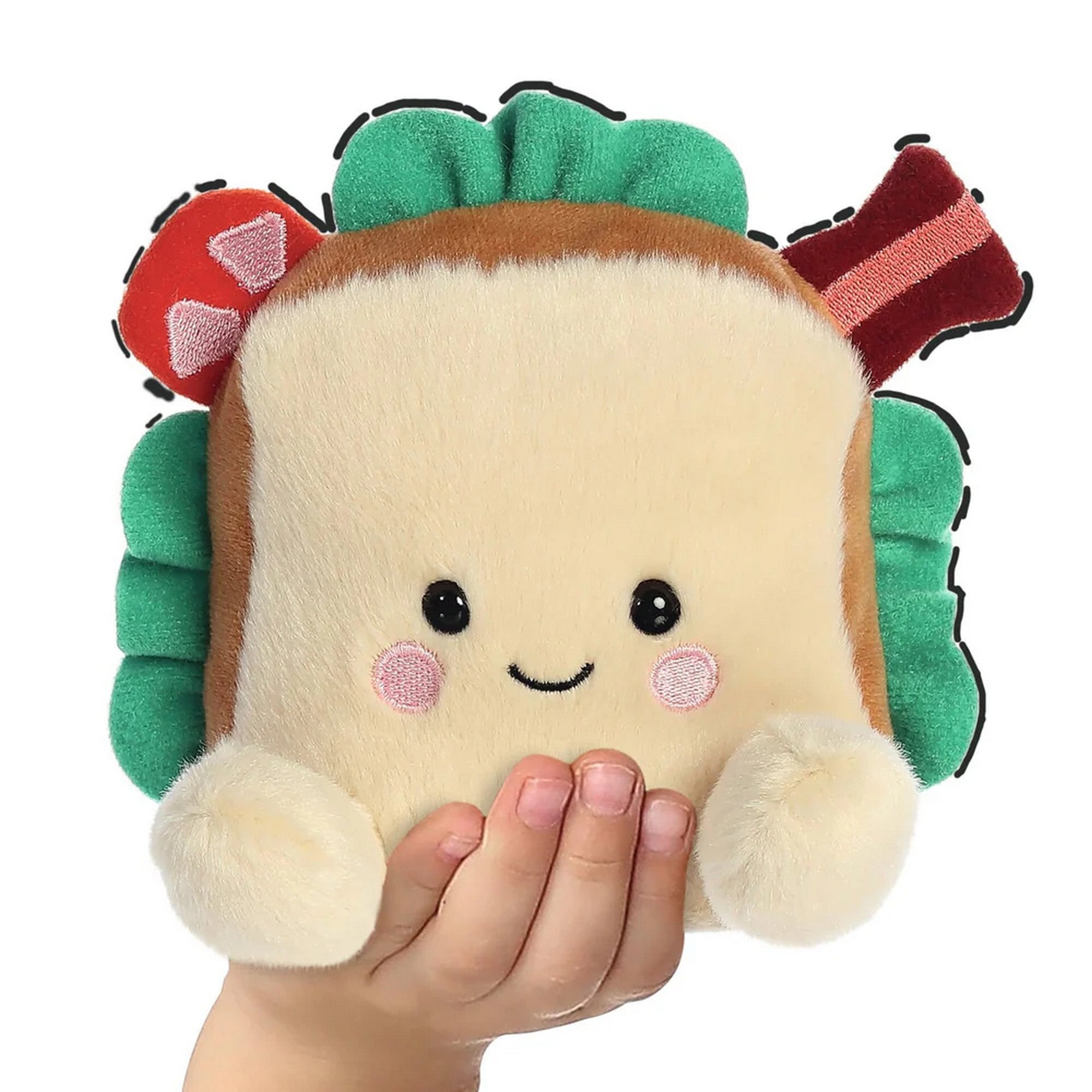 Szendvics formájú plüss játék kézben tartva, vidám arccal, részletgazdag feltétekkel és ölelhető, gyerekbarát kialakítással