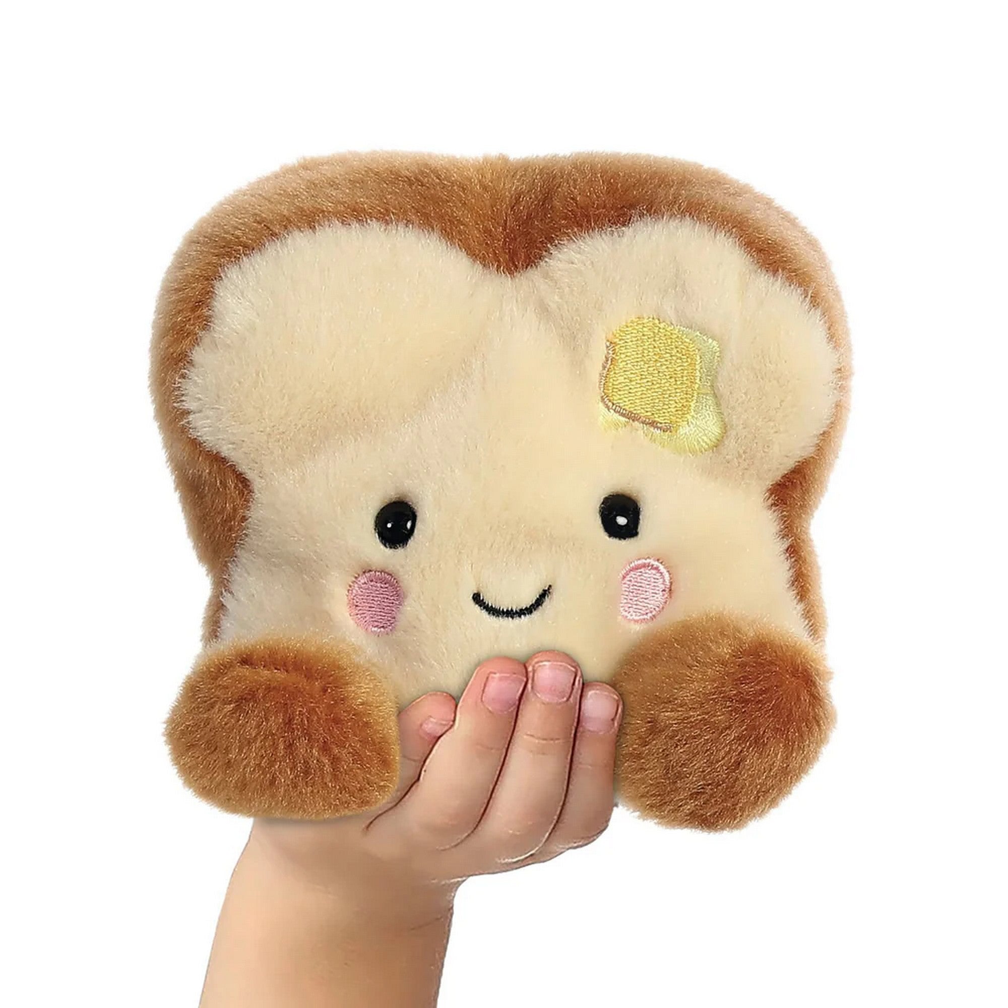 Aurora Palm Pals: Vajas pirítós plüssfigura, 13 cm kézben tartva, aranyos mosollyal, piros pofikkal és puha, gyerekbarát kivitelben