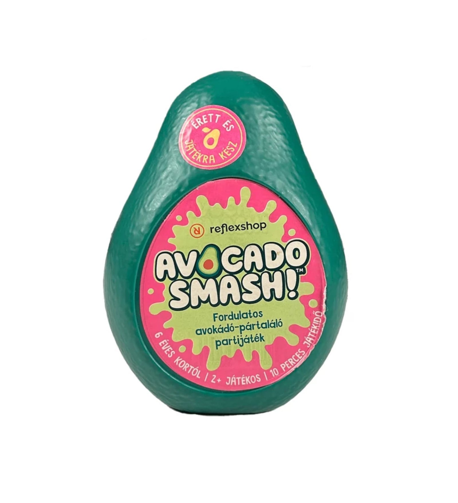 Az "Avocado Smash!" társasjáték egyedi, avokádó alakú csomagolása látható, amely praktikus és figyelemfelkeltő designnal rendelkezik.