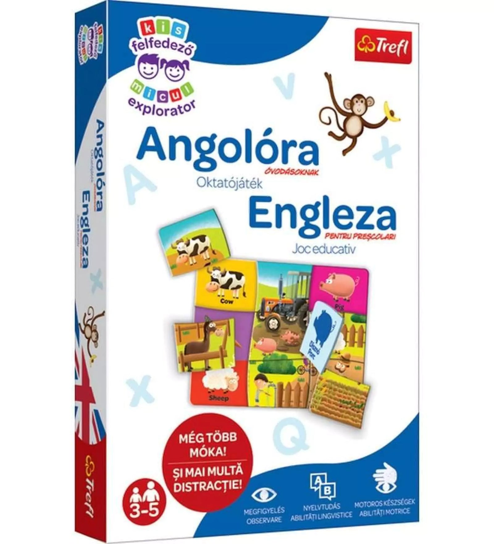 Az "Angolóra óvodásoknak" oktatójáték dobozának képe, amely színes, vidám grafikákat tartalmaz farmállatokról és traktorokról, célja a nyelvi készségek fejlesztése.