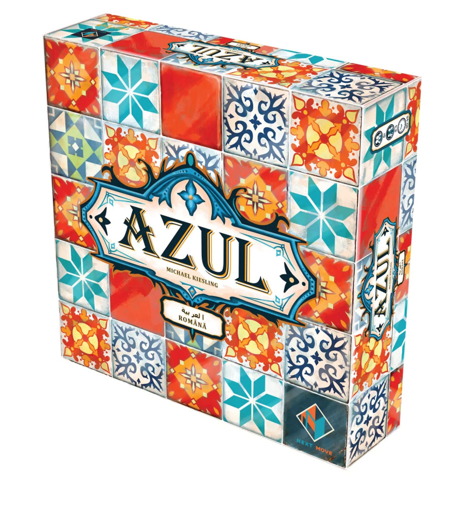 Az Azul társasjáték doboza, amelyen a portugál csempeművészet ihlette dizájn látható.