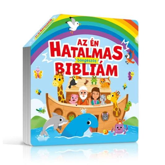 Az én hatalmas böngészős Bibliám keményfedeles gyerekkönyv színes borítója, melyen Noé bárkája és vidám állatok láthatók szivárvány alatt.