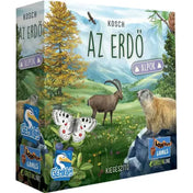 Az „Az erdő: Alpok” társasjáték doboza, amely alpesi tájat ábrázol zergével, mormotával, fenyőfával és pillangóval, a Gemklub és Lookout Games logóival.