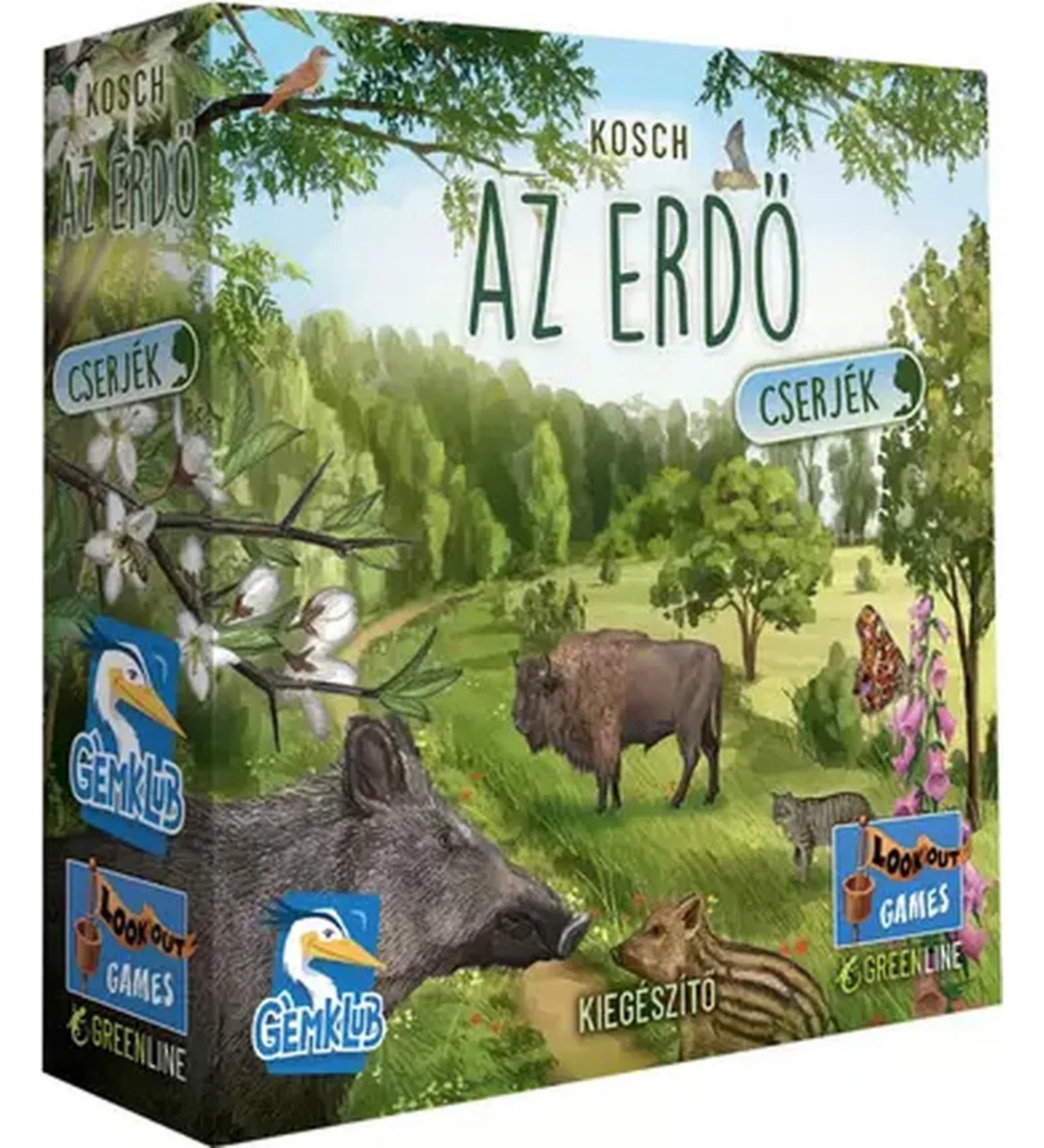 Az „Az erdő: Cserjék” társasjáték doboza, amely festett erdei tájat ábrázol állatokkal, köztük vaddisznóval, bölénnyel és madarakkal, a Gemklub és Lookout Games logóival.