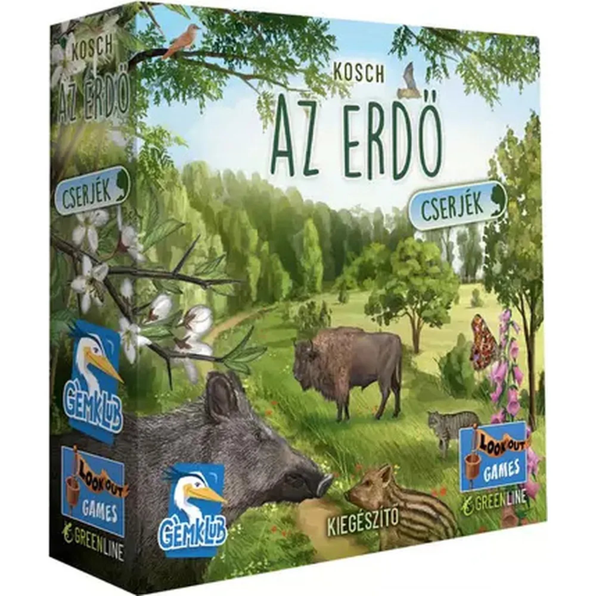 Az „Az erdő: Cserjék” társasjáték doboza, amely festett erdei tájat ábrázol állatokkal, köztük vaddisznóval, bölénnyel és madarakkal, a Gemklub és Lookout Games logóival.