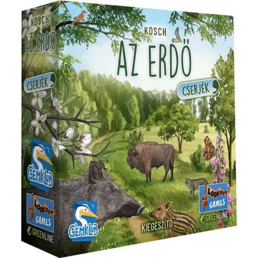 Az „Az erdő: Cserjék” társasjáték doboza, amely festett erdei tájat ábrázol állatokkal, köztük vaddisznóval, bölénnyel és madarakkal, a Gemklub és Lookout Games logóival.