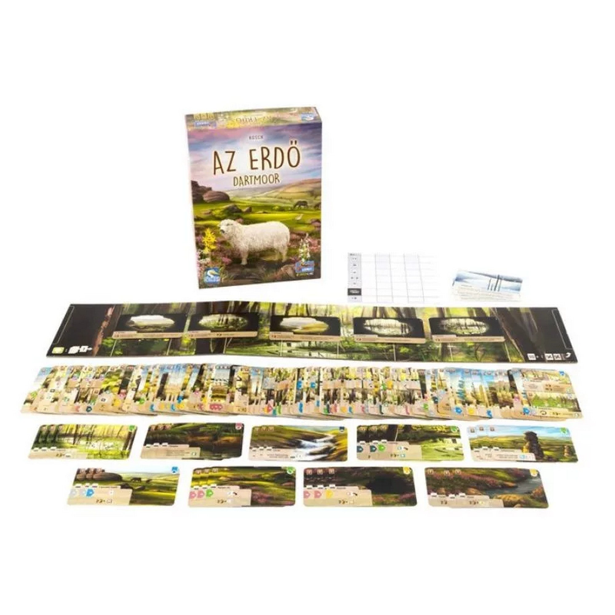 „Az Erdő: Dartmoor társasjáték tartalma kiterítve a doboz előtt, táj- és állatkártyákkal.”