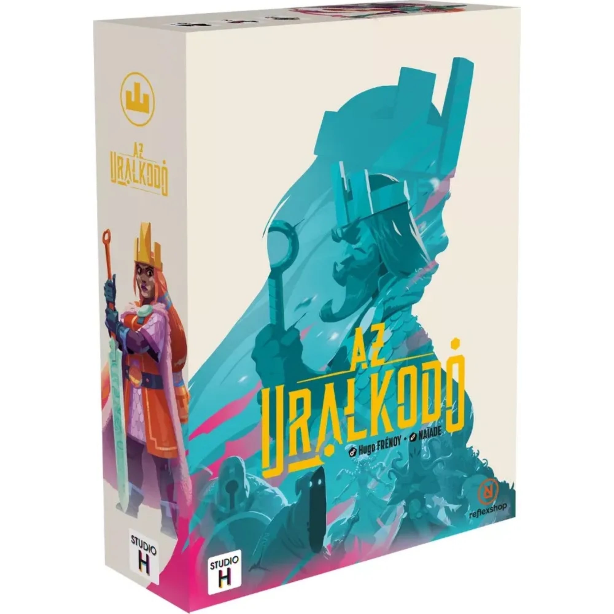Az Uralkodó magyar nyelvű társasjáték doboza elölnézetből, nagyméretű uralkodó karaktergrafikával, türkiz és rózsaszín színvilággal, Studio H logóval.