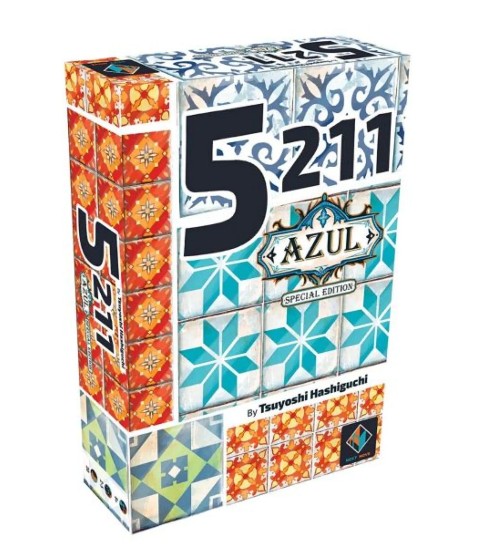 Az Azul: 5211 – Special Edition társasjáték díszdoboza, színes mozaikmintás dizájnnal. A borítón a játék címe nagy fekete-fehér számmal, alatta az Azul logó és Tsuyoshi Hashiguchi neve.