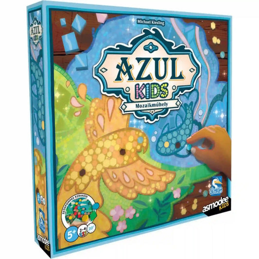 Azul Kids magyar nyelvű társasjáték doboza színes mozaikmintás madárral, kaméleonnal és a Mozaikműhely felirattal.