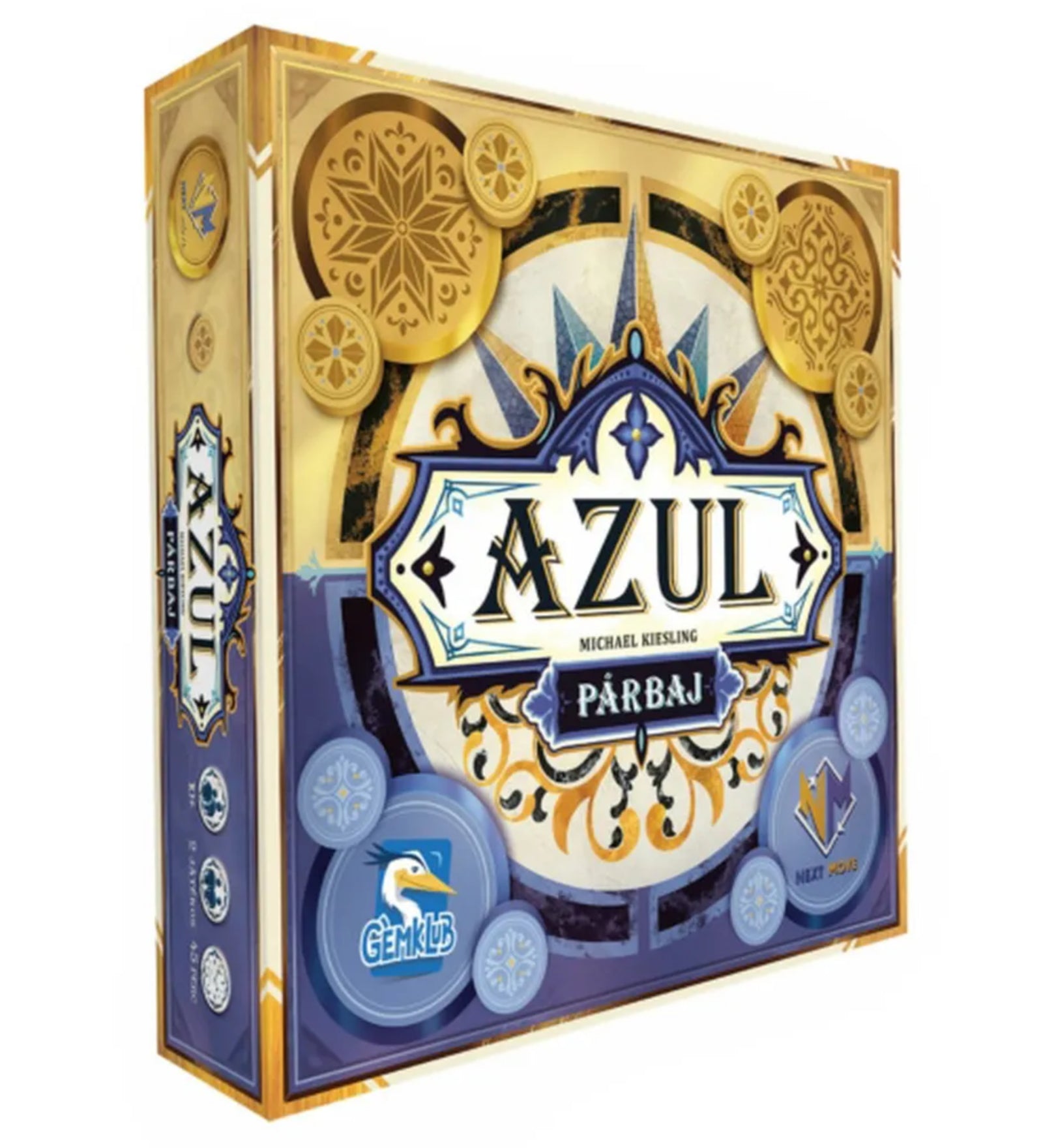 Az Azul Párbaj társasjáték elegáns, arany és kék színvilágú doboza, amely a játék logóját és díszes csempemotívumokat ábrázol.