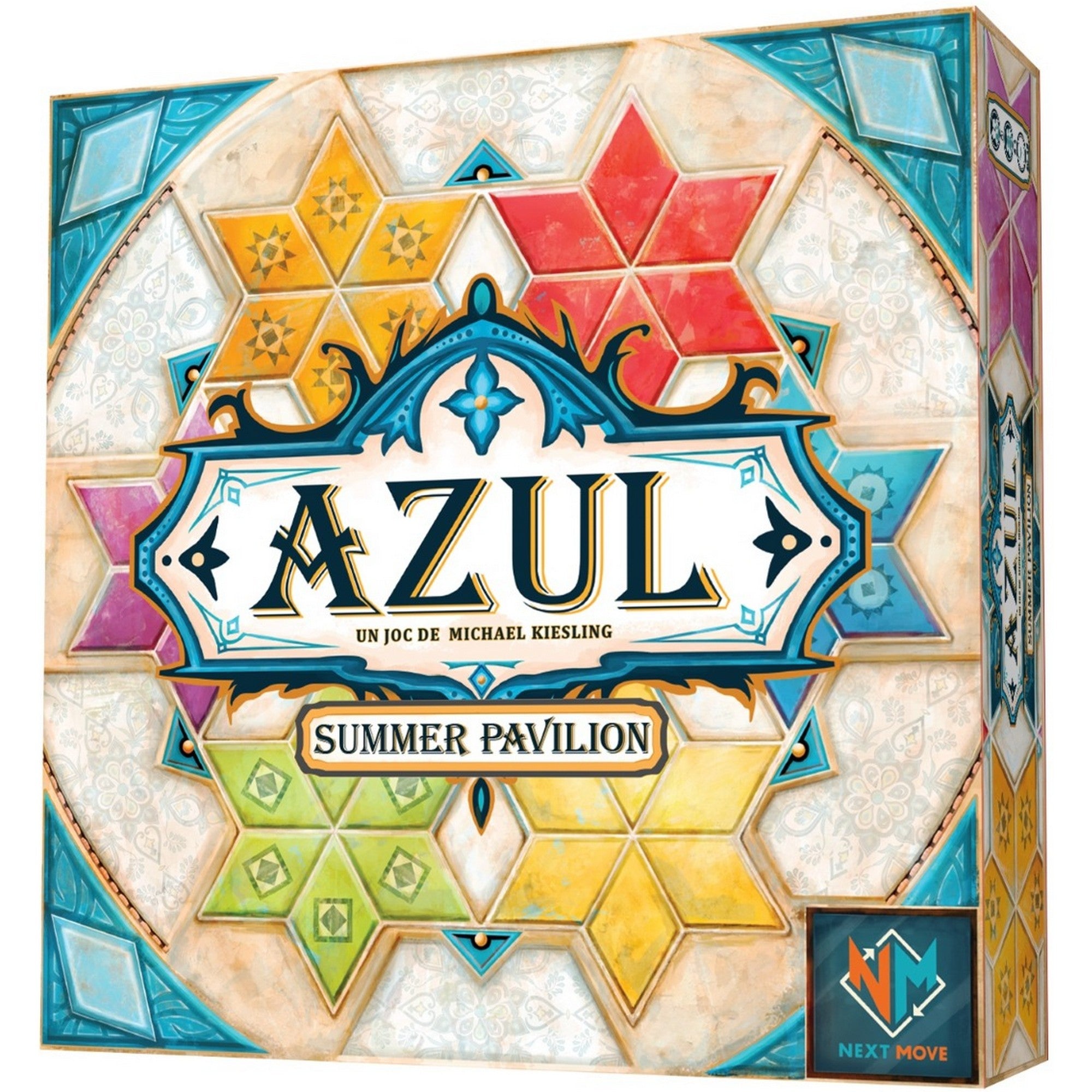 Azul: Summer Pavilion – A társasjáték dobozának elölnézete, színes, geometrikus csempemintákkal és díszes grafikai stílussal.