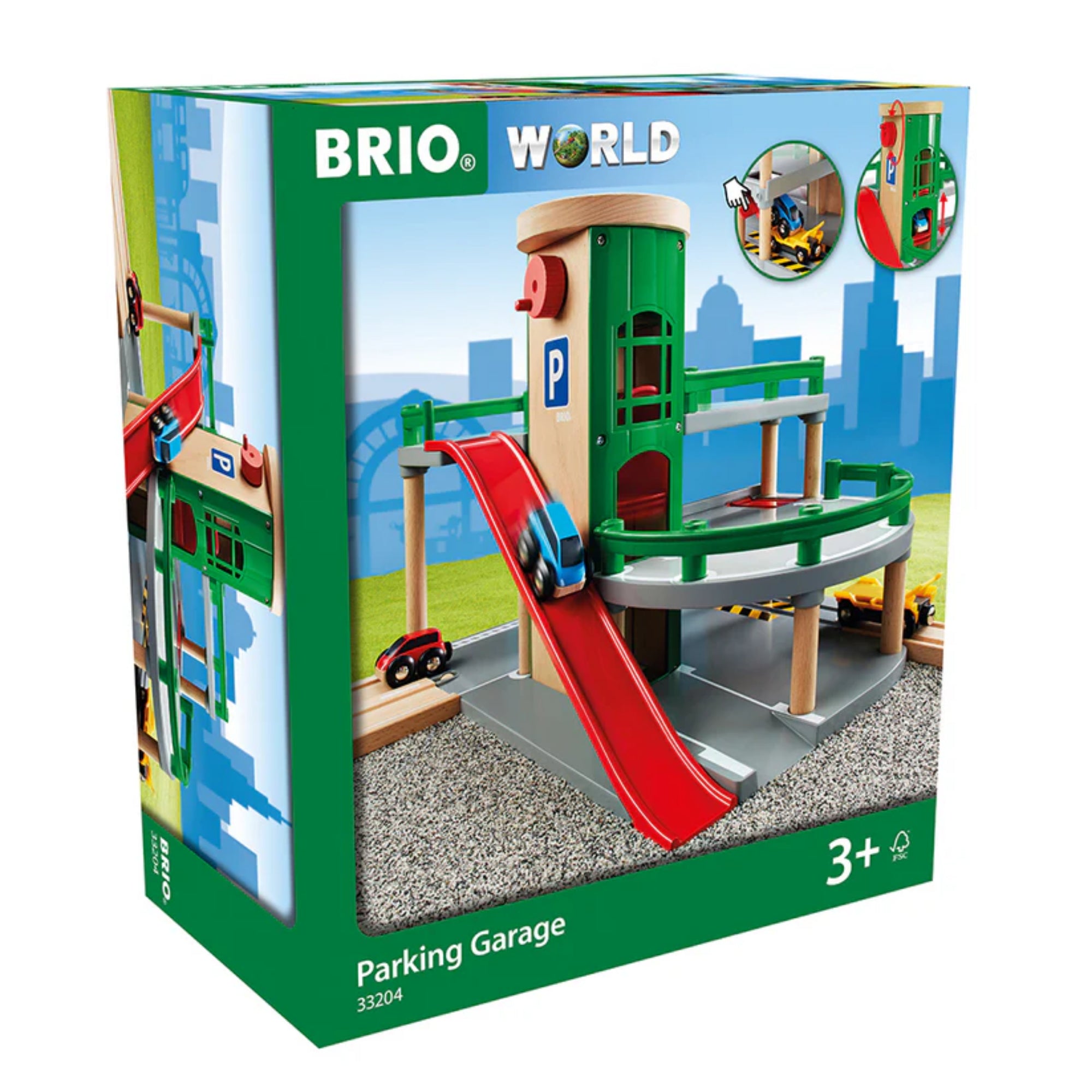 BRIO World Parking Garage doboza, a játékkészlet illusztrációjával, piros rámpán lefelé guruló kék autóval.