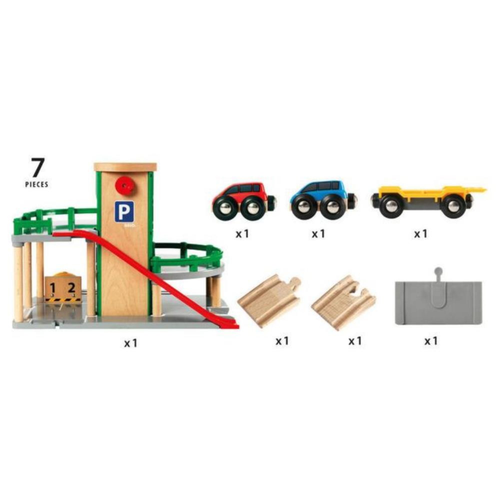 BRIO World Parking Garage tartalma: többszintes parkolóház, piros és kék autó, sárga tréler, síncsatlakozók és kiegészítők.