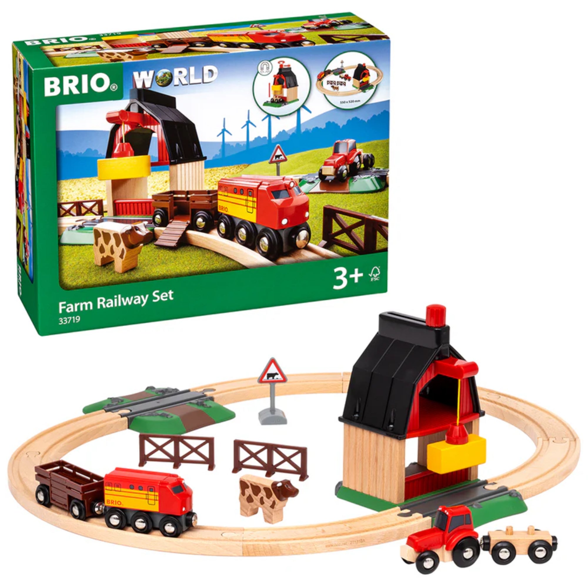 BRIO World Farm Railway Set doboz és a készlet összeállítva, piros mozdony, pajta, traktor, fa tehén és farmos kiegészítők láthatók.