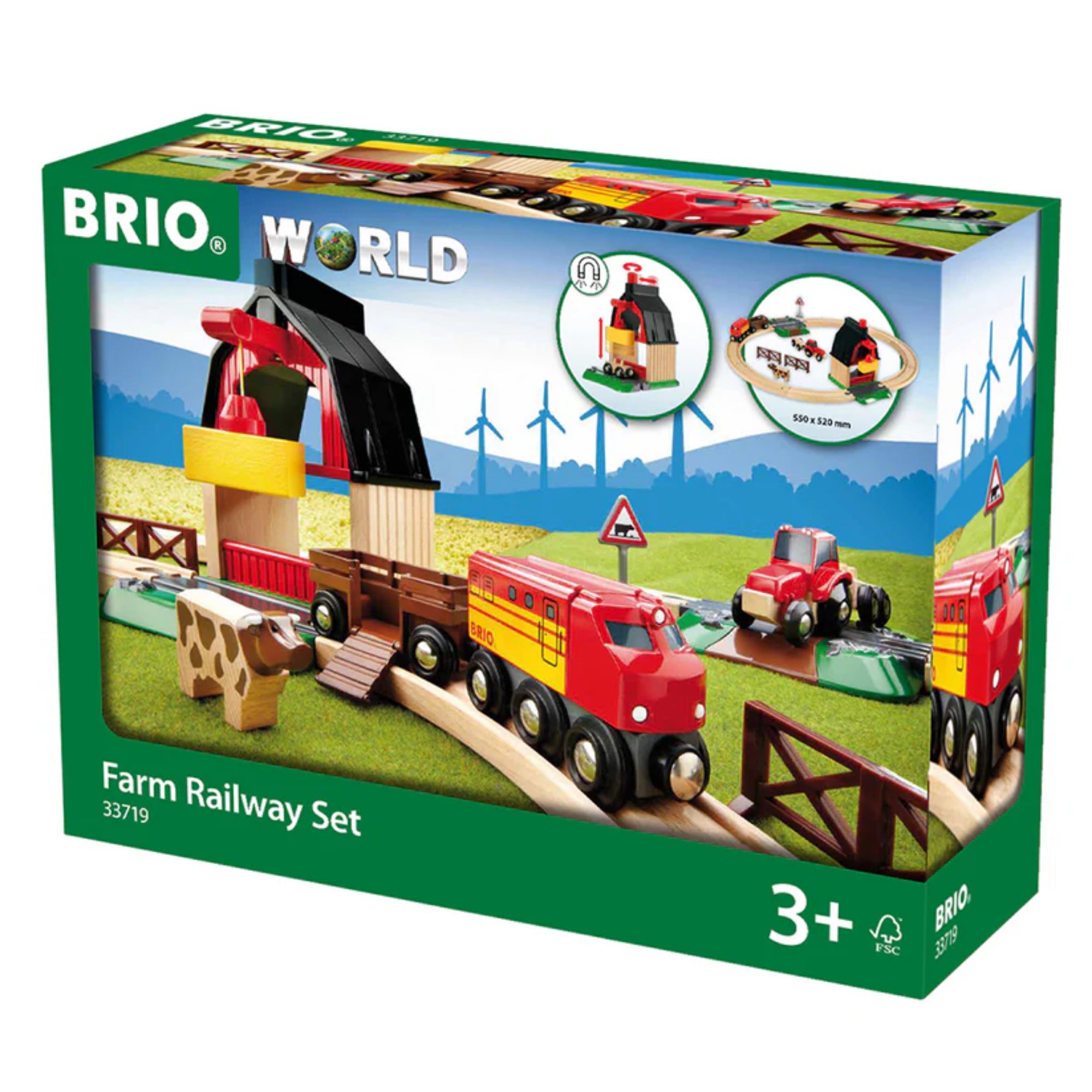 BRIO World Farm Railway Set doboza, piros mozdony, fa tehén, traktor és pajta illusztrációjával.