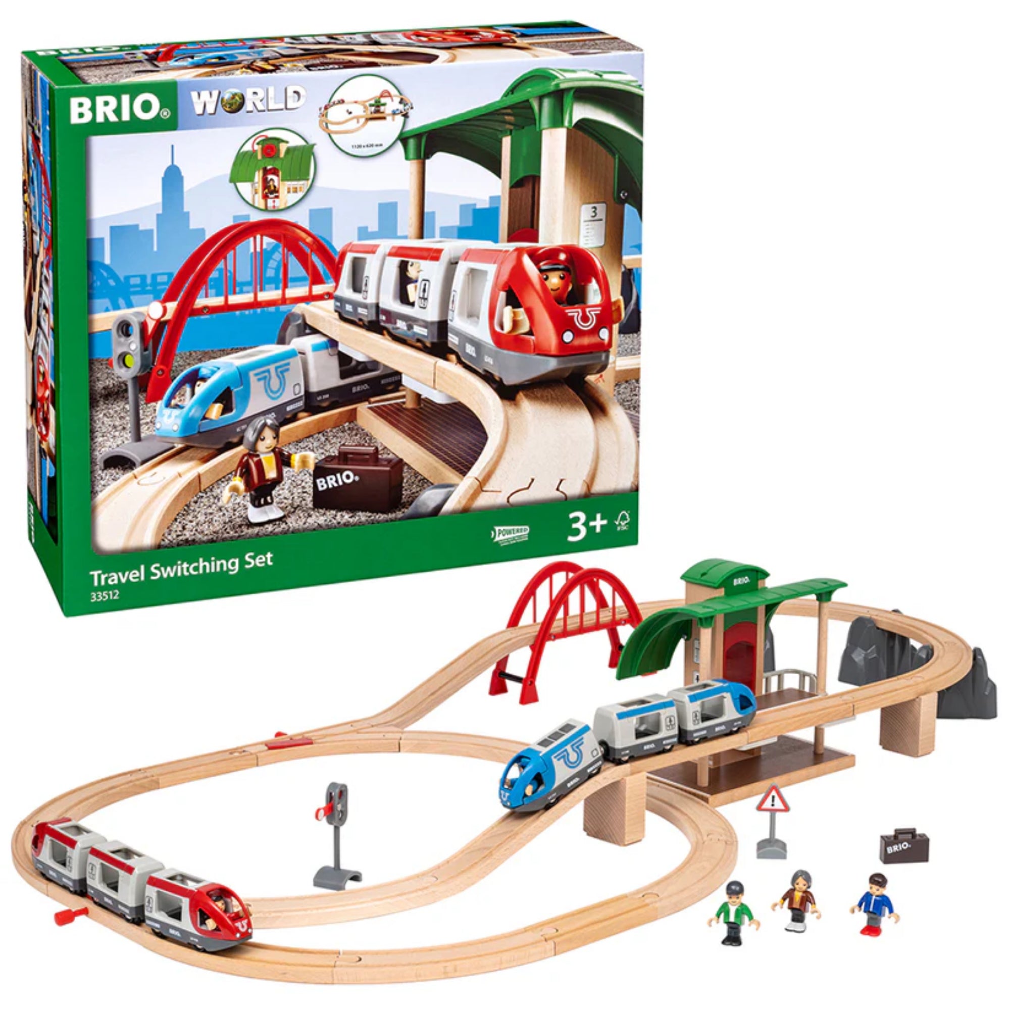 BRIO World Travel Switching Set doboz és a készlet teljes tartalma: fa pálya, állomás, piros és kék vonatok, figurák és kiegészítők.