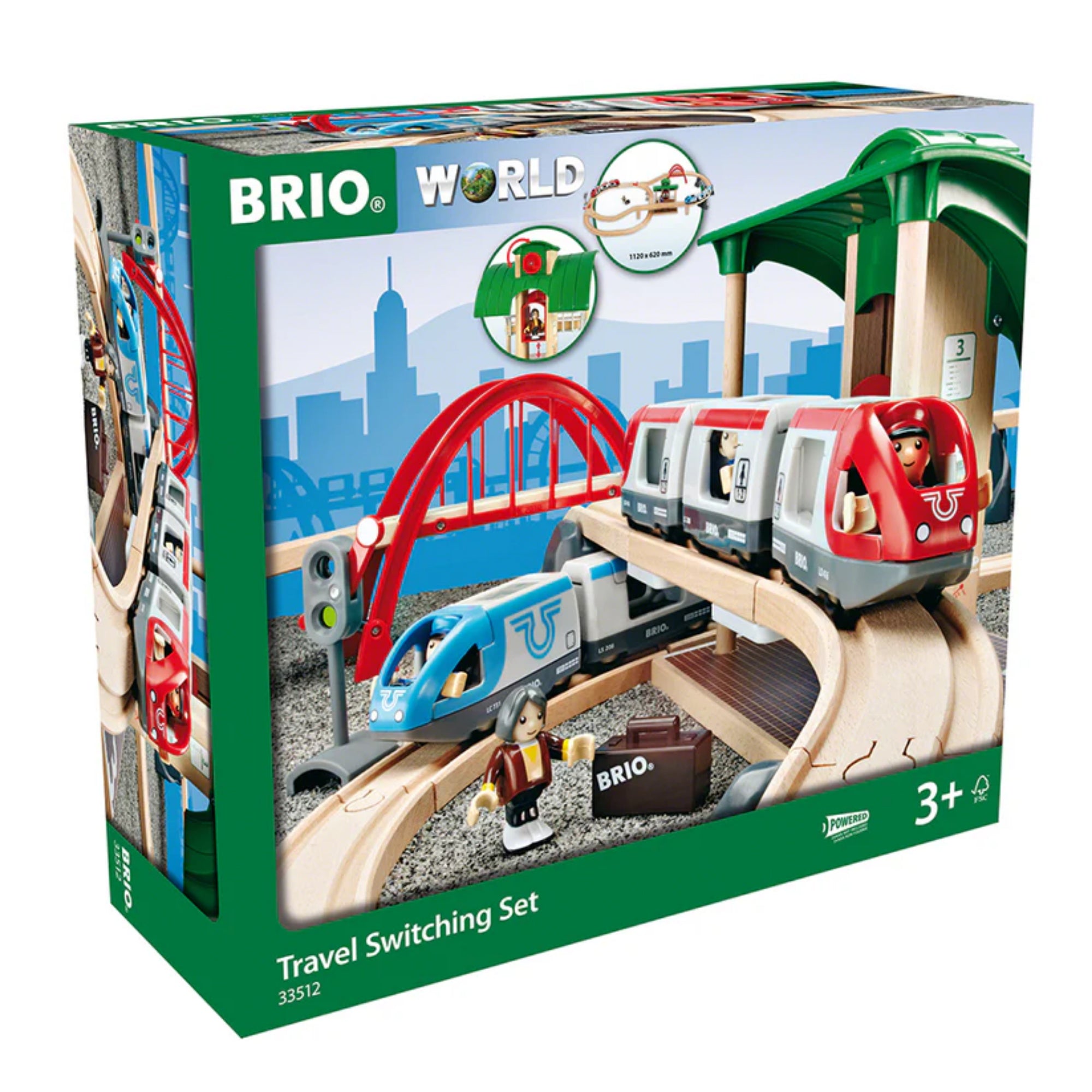 BRIO World Travel Switching Set doboza, piros és kék szerelvénnyel, piros híddal, zöld állomással és utasfigurával a borítón.