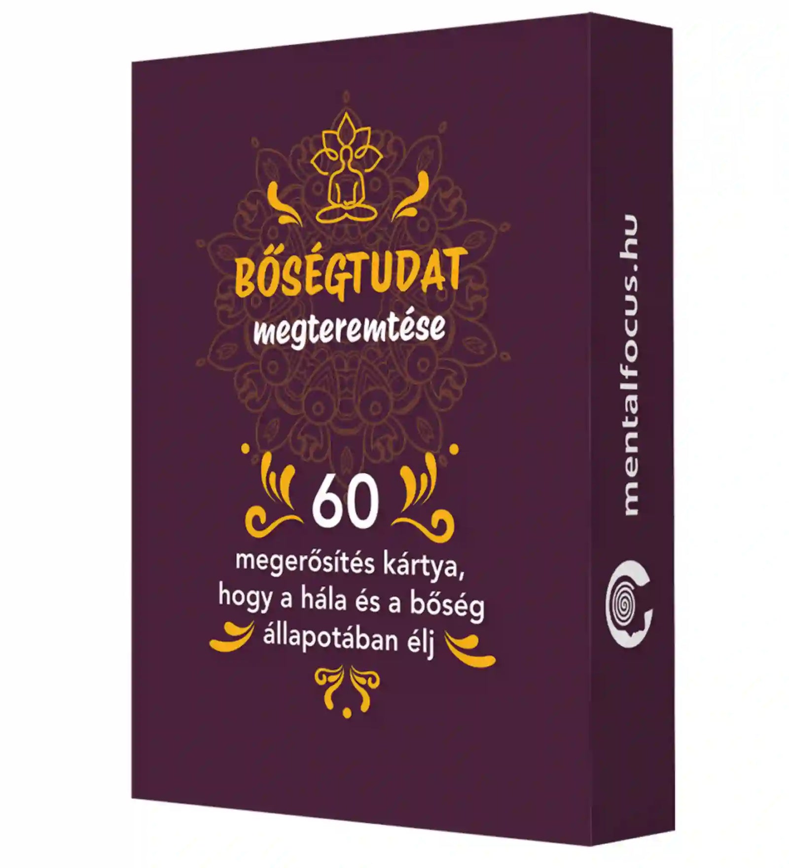Bőségtudat megteremtése – 60 megerősítés kártya díszdoboza, a kártyacsomag eredeti csomagolása.