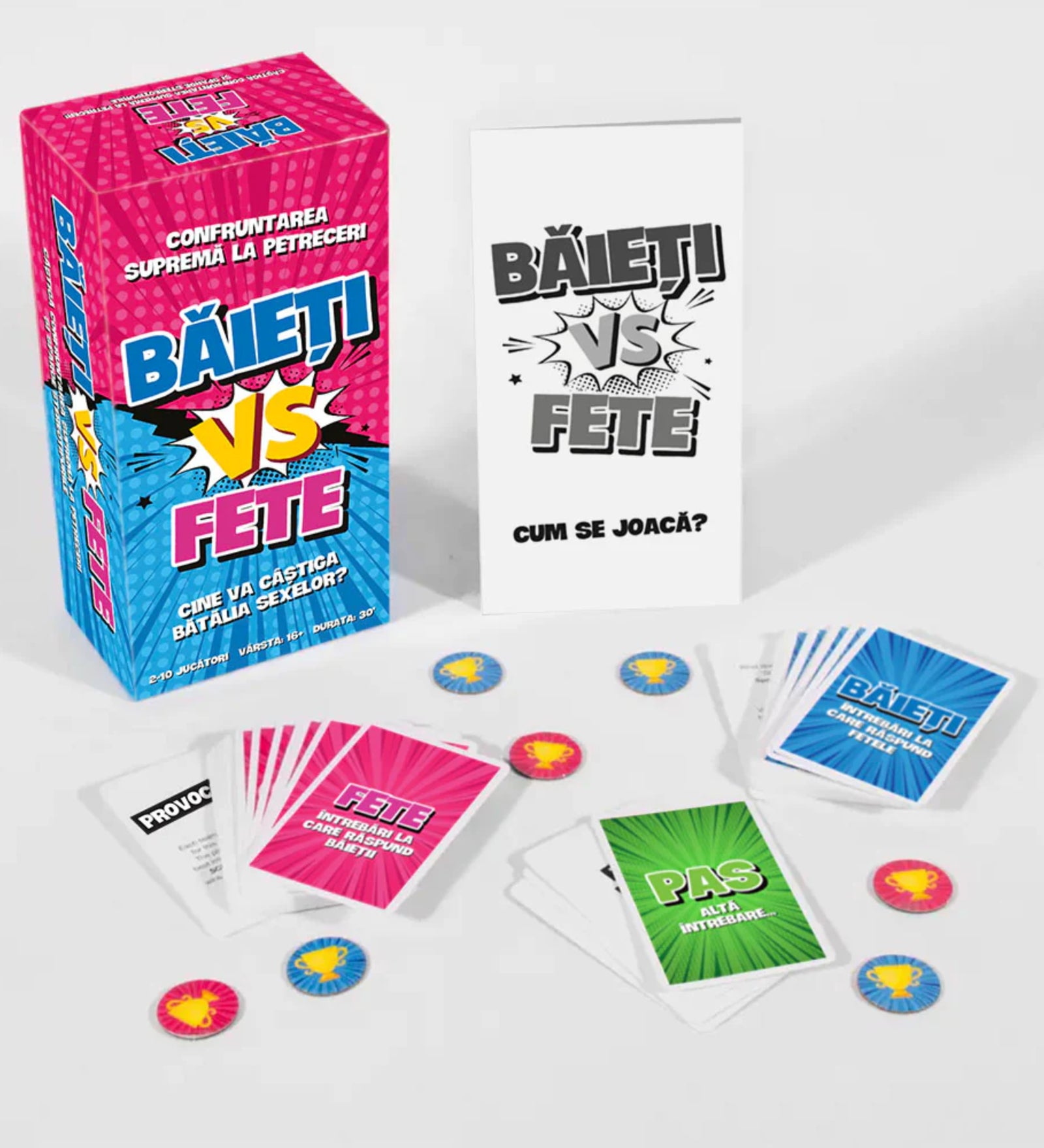 Băieți VS Fete partijáték doboz és játéktartalom: kérdéskártyák fiúknak és lányoknak, provokáció kártyák, zsetonok és szabálylap.