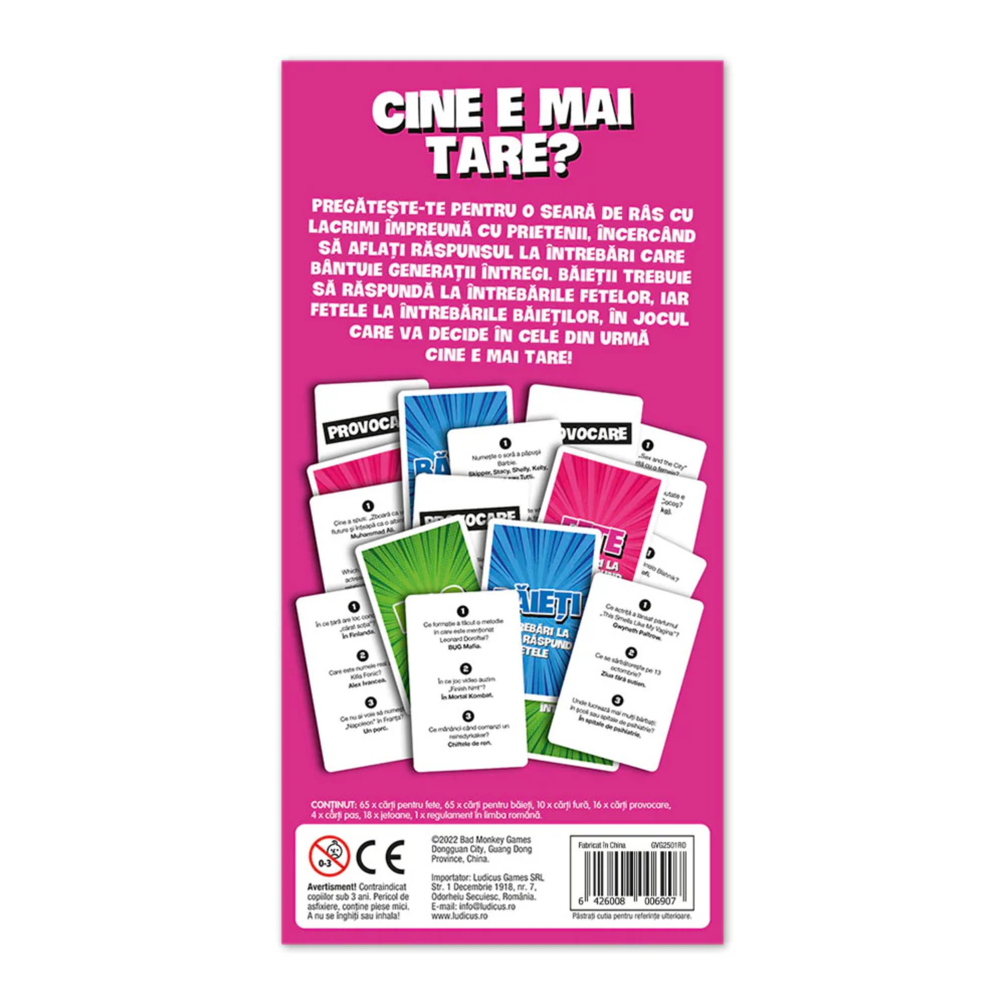 Băieți VS Fete partijáték hátoldala, játékleírással, tartalomfelsorolással és a kártyák bemutatásával.