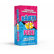 Băieți VS Fete társasjáték doboz elölnézetben, élénk rózsaszín–kék dizájnnal és „Cine va câștiga bătălia sexelor?” felirattal.