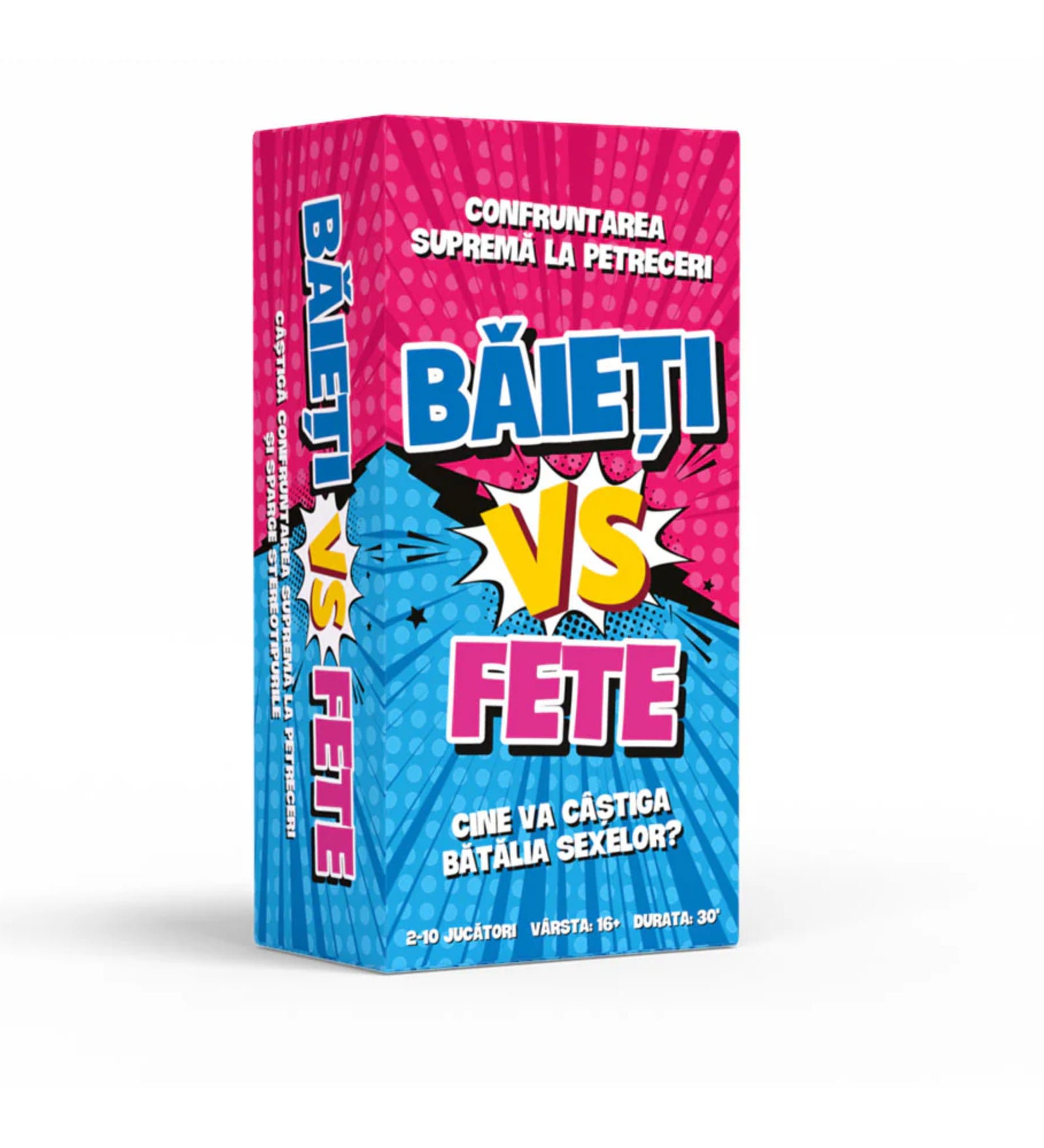 Băieți VS Fete társasjáték doboz elölnézetben, élénk rózsaszín–kék dizájnnal és „Cine va câștiga bătălia sexelor?” felirattal.
