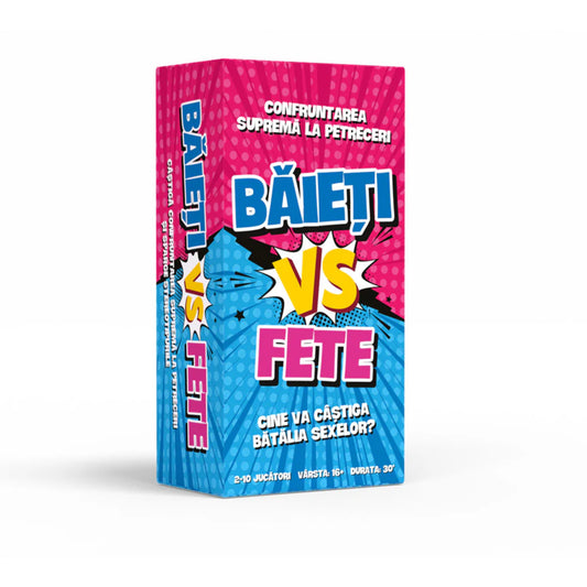 Băieți VS Fete társasjáték doboz elölnézetben, élénk rózsaszín–kék dizájnnal és „Cine va câștiga bătălia sexelor?” felirattal.