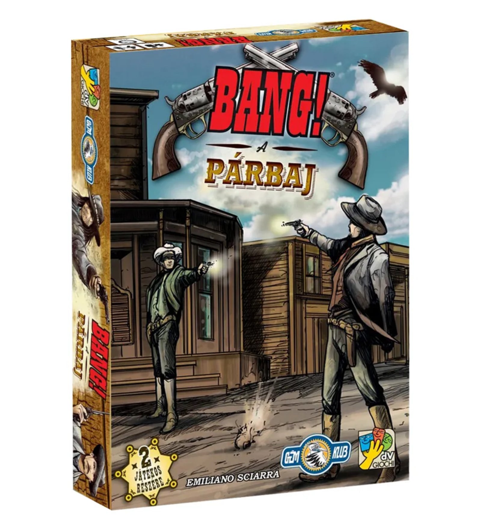 A Bang! A Párbaj doboza, amelyen két cowboy párbajozik egy poros kisvárosi utcán, a háttérben épületekkel és madárral az égen.