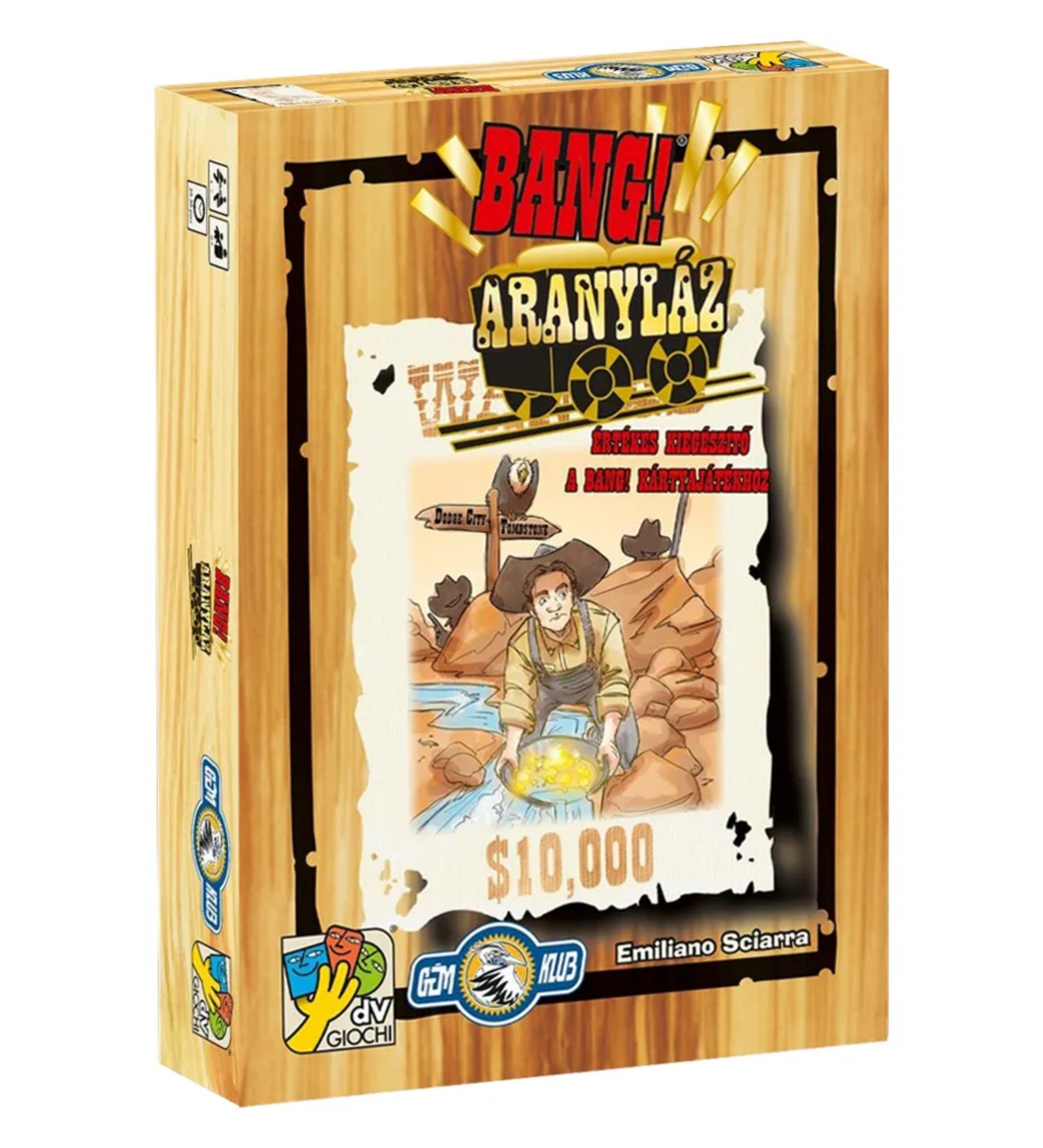A Bang! Aranyláz kiegészítő doboza, amelyen egy aranyat mosó cowboy látható, fa mintázatú dizájnnal és a $10.000 felirattal.