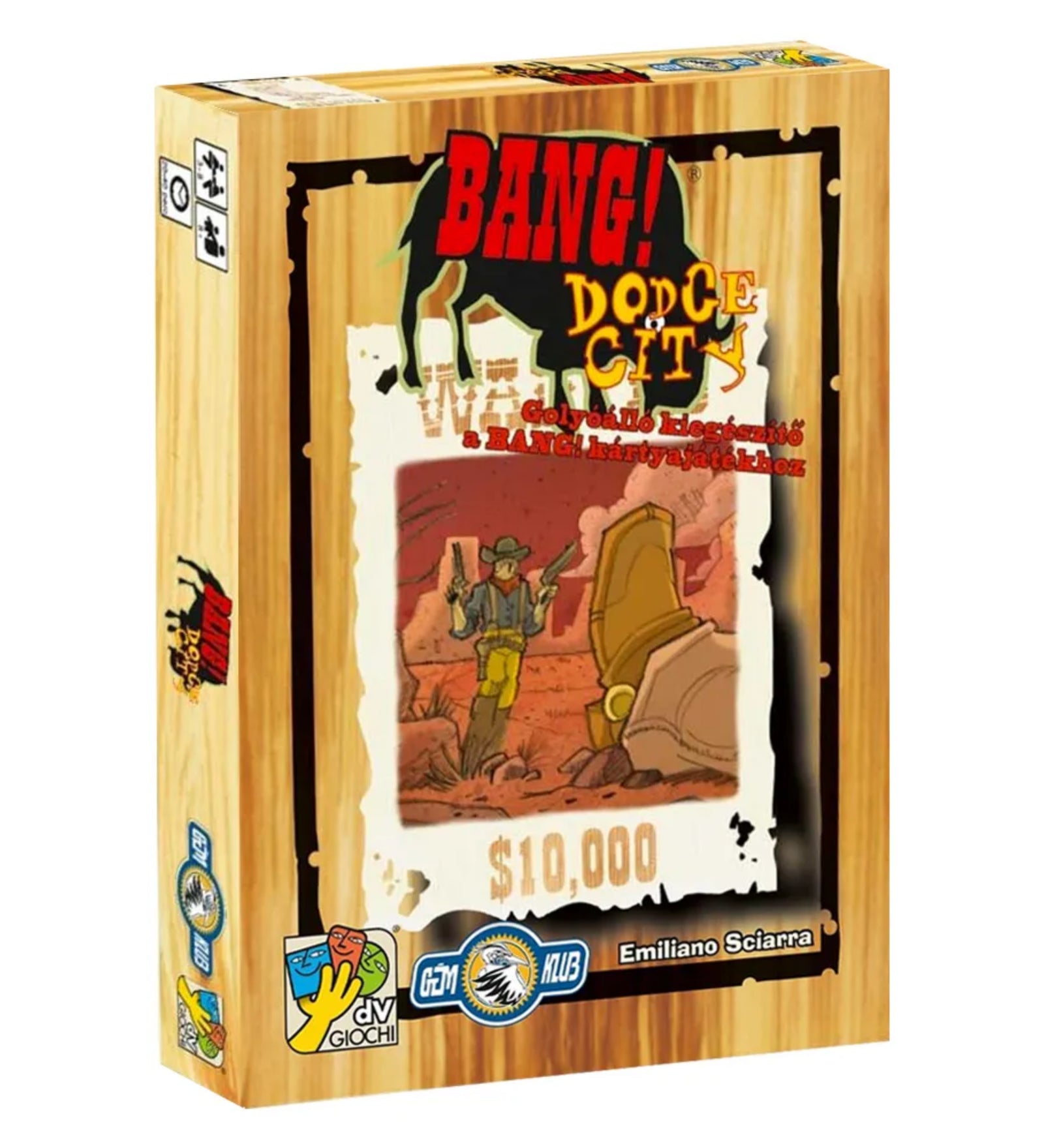 A Bang! Dodge City doboza, fakazetta dizájnnal, középen egy vörös sziklák közt álló cowboy grafikus illusztrációjával, $10.000 felirattal és kiegészítőként jelölve.