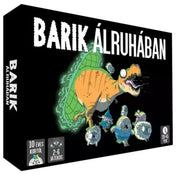 A Barik álruhában társasjáték doboza egy rajzolt T-Rexszel és álruhás bárányokkal, dinamikus és mókás borítóval.