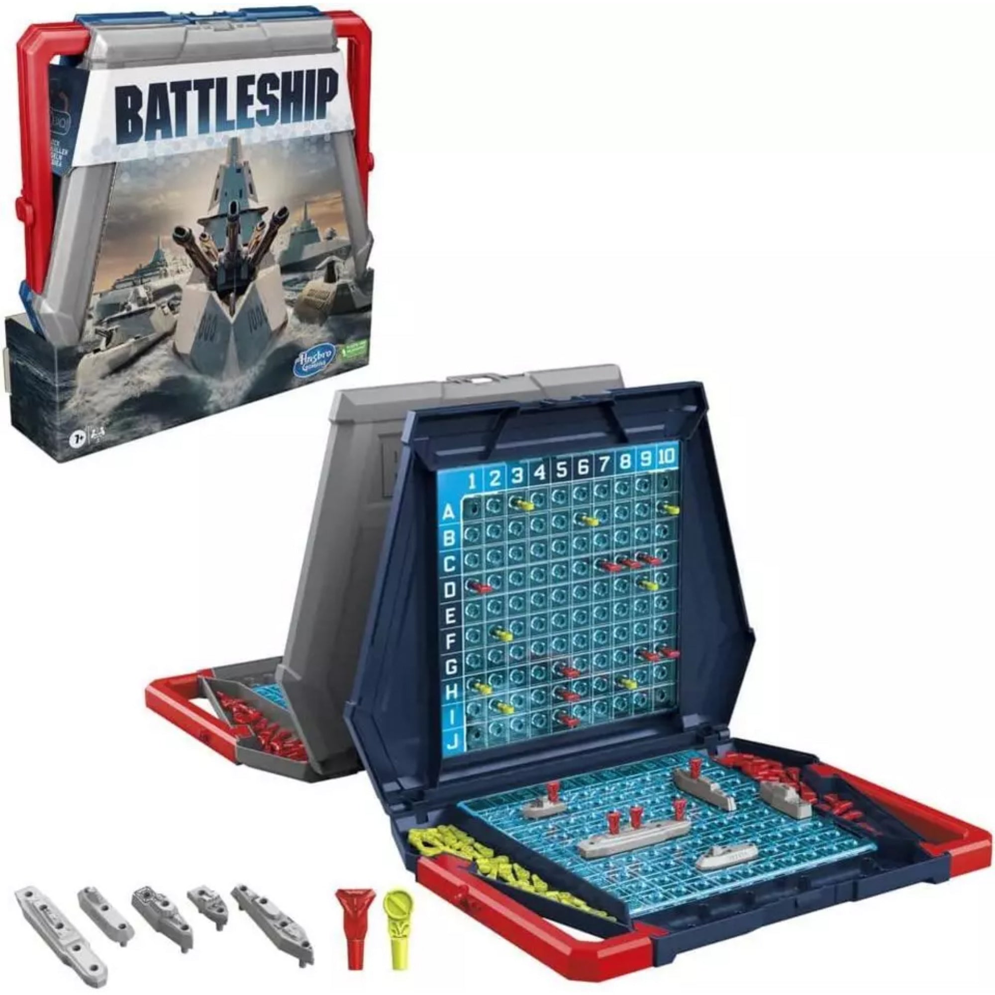 Battleship – Csatahajó társasjáték kinyitva, kétoldalas játéktáblával, piros és sárga jelölőkkel, szürke hajómodellekkel, valamint a játék dobozával a háttérben.