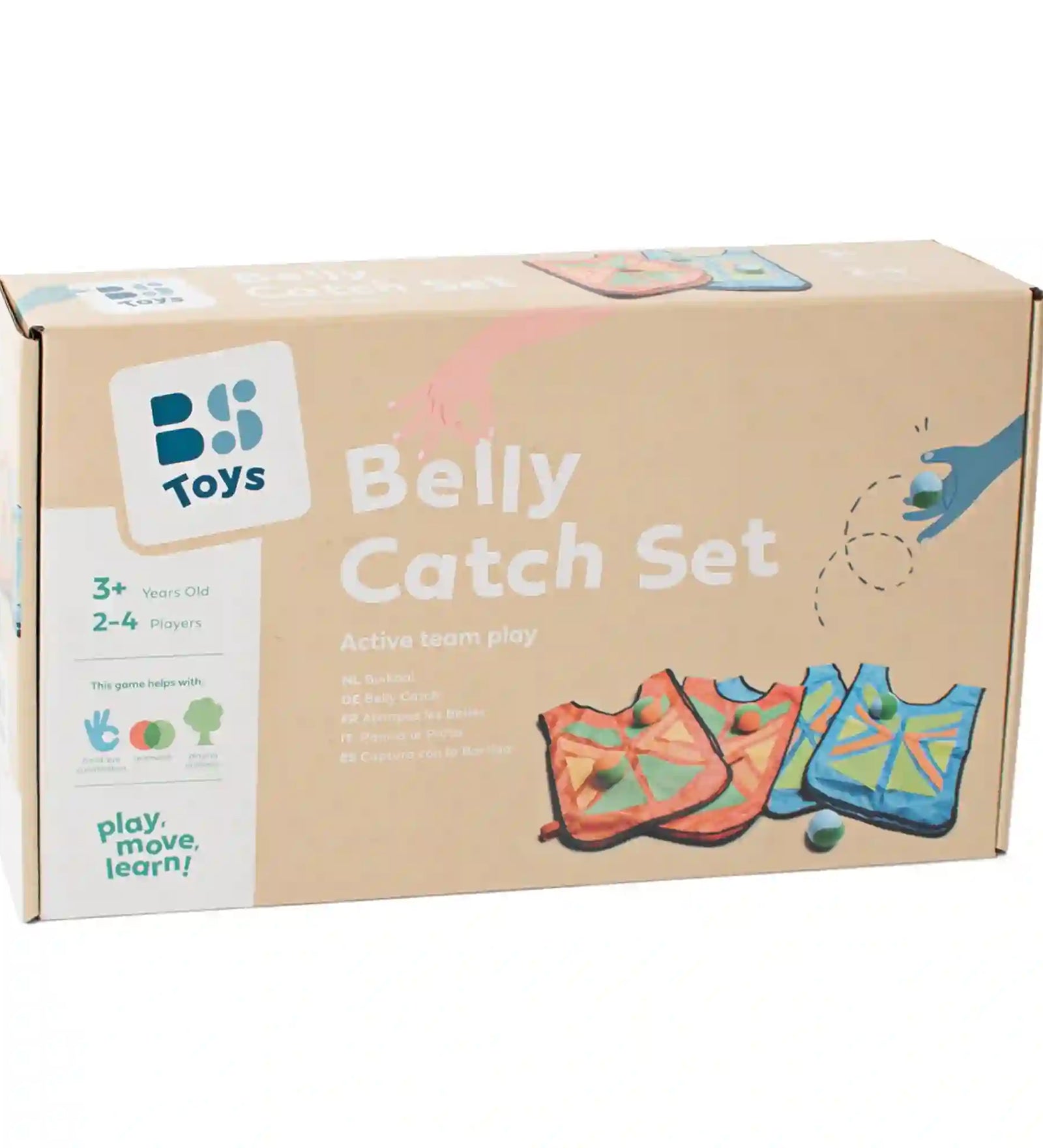 BS Toys Belly Catch Set ügyességi játék doboza, labdafogó mellényekkel és puha labdákkal 2–4 játékos számára.