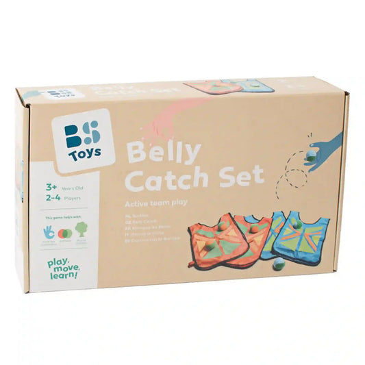 BS Toys Belly Catch Set ügyességi játék doboza, labdafogó mellényekkel és puha labdákkal 2–4 játékos számára.