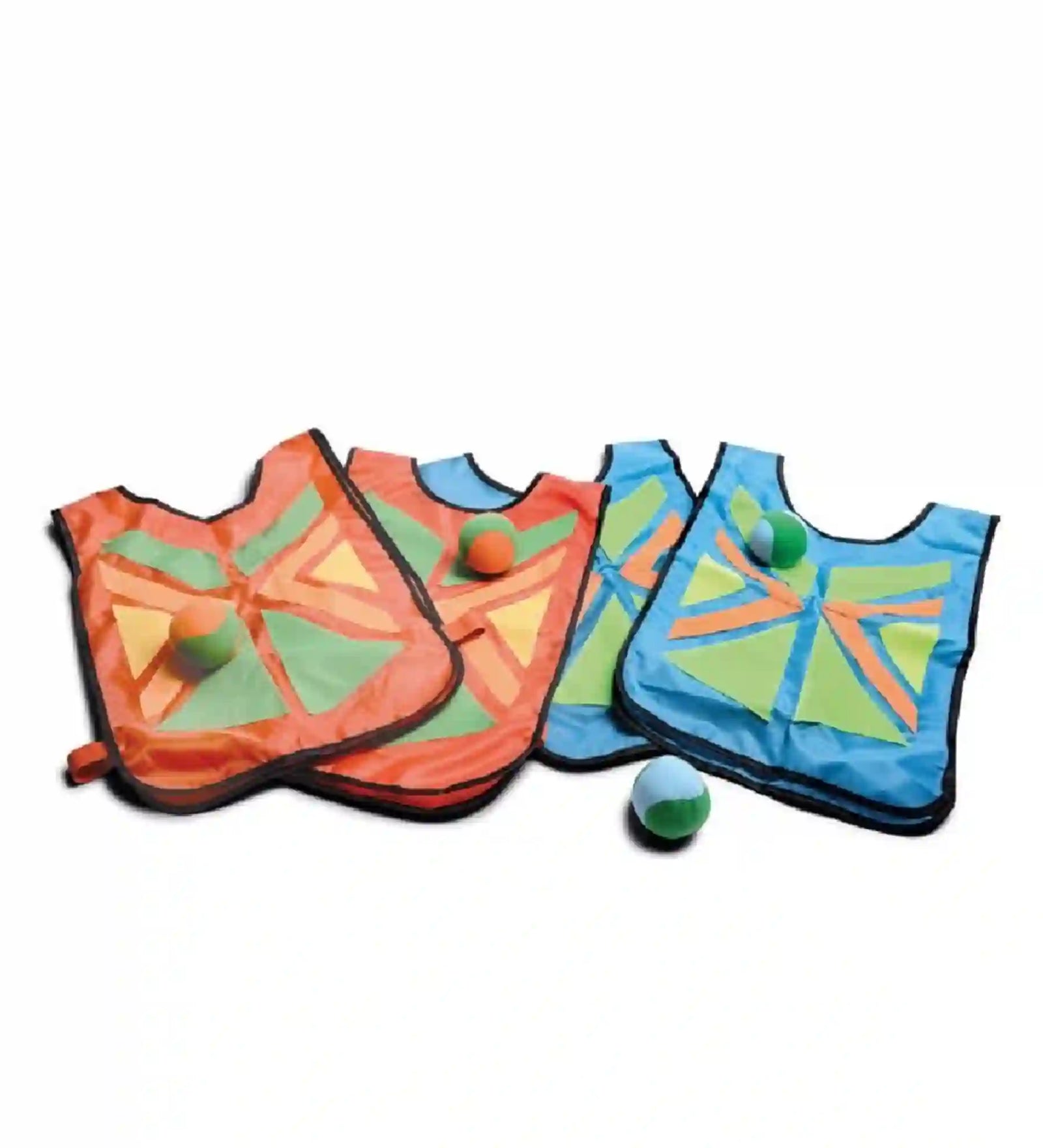 BS Toys Belly Catch Set ügyességi játék színes labdafogó mellényei és puha labdái.