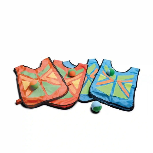 BS Toys Belly Catch Set ügyességi játék színes labdafogó mellényei és puha labdái.