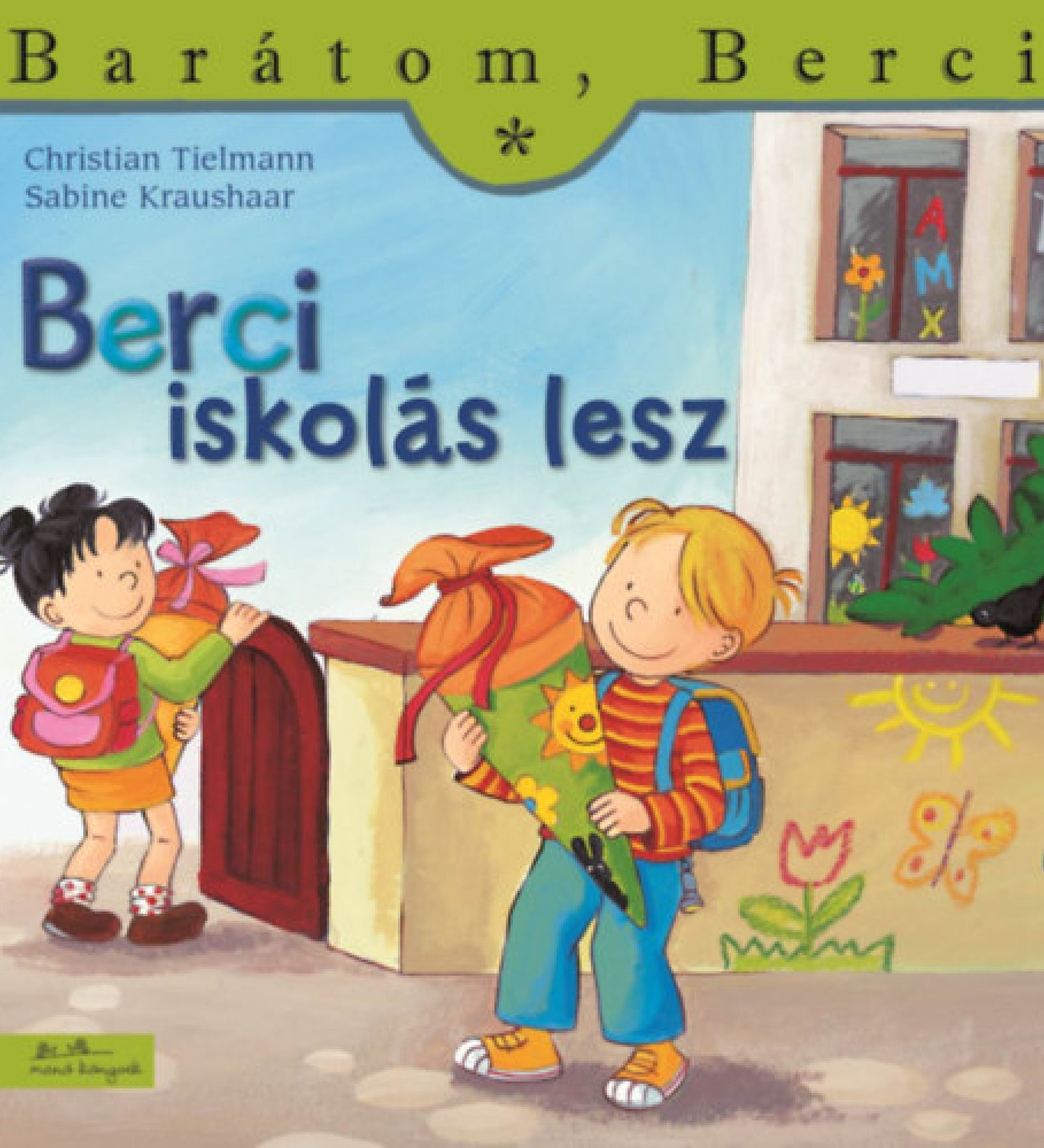 „Berci iskolás lesz” című könyv borítója a Barátom, Berci sorozatból. A képen Berci és egy kislány iskolába indulnak, hátizsákkal és ajándékcsomaggal a kezükben. A háttérben iskolaépület, színes rajzokkal díszített fal, nap, virág és pillangó motívumokkal. A borítón szerepel a szerzők neve: Christian Tielmann és Sabine Kraushaar.