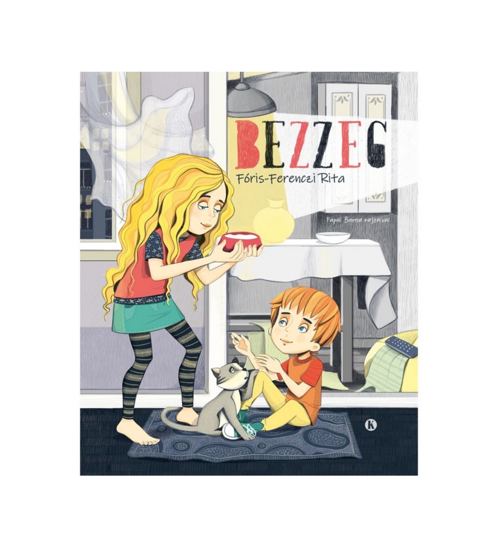 Bezzeg könyv borító, rajzon egy kislány almát ad egy kisfiúnak, mellettük egy cica, otthoni jelenetben.