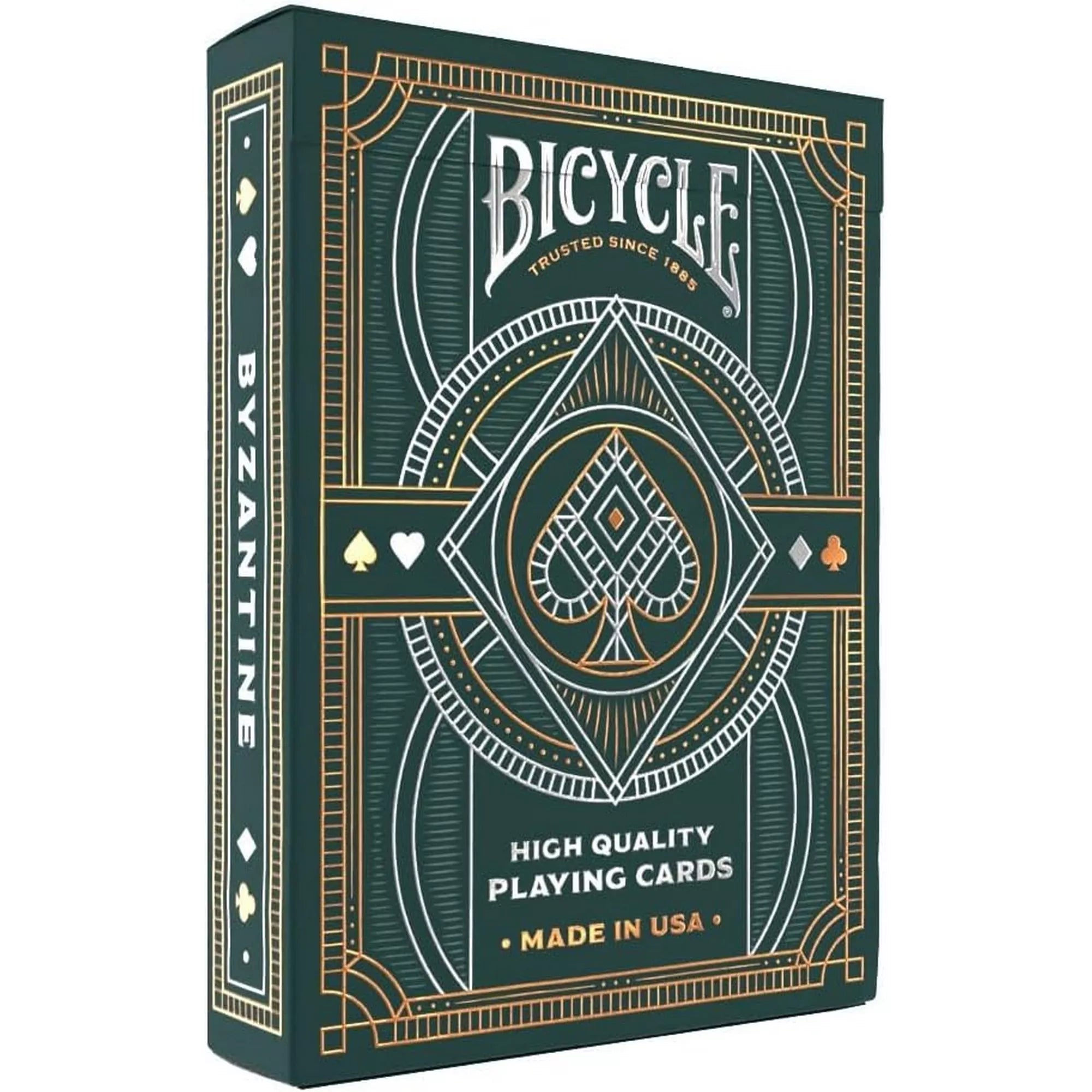 A Bicycle Byzantine kártyapakli dobozának előlapja zöld alapon, arany geometrikus mintákkal és a „High Quality Playing Cards” felirattal.