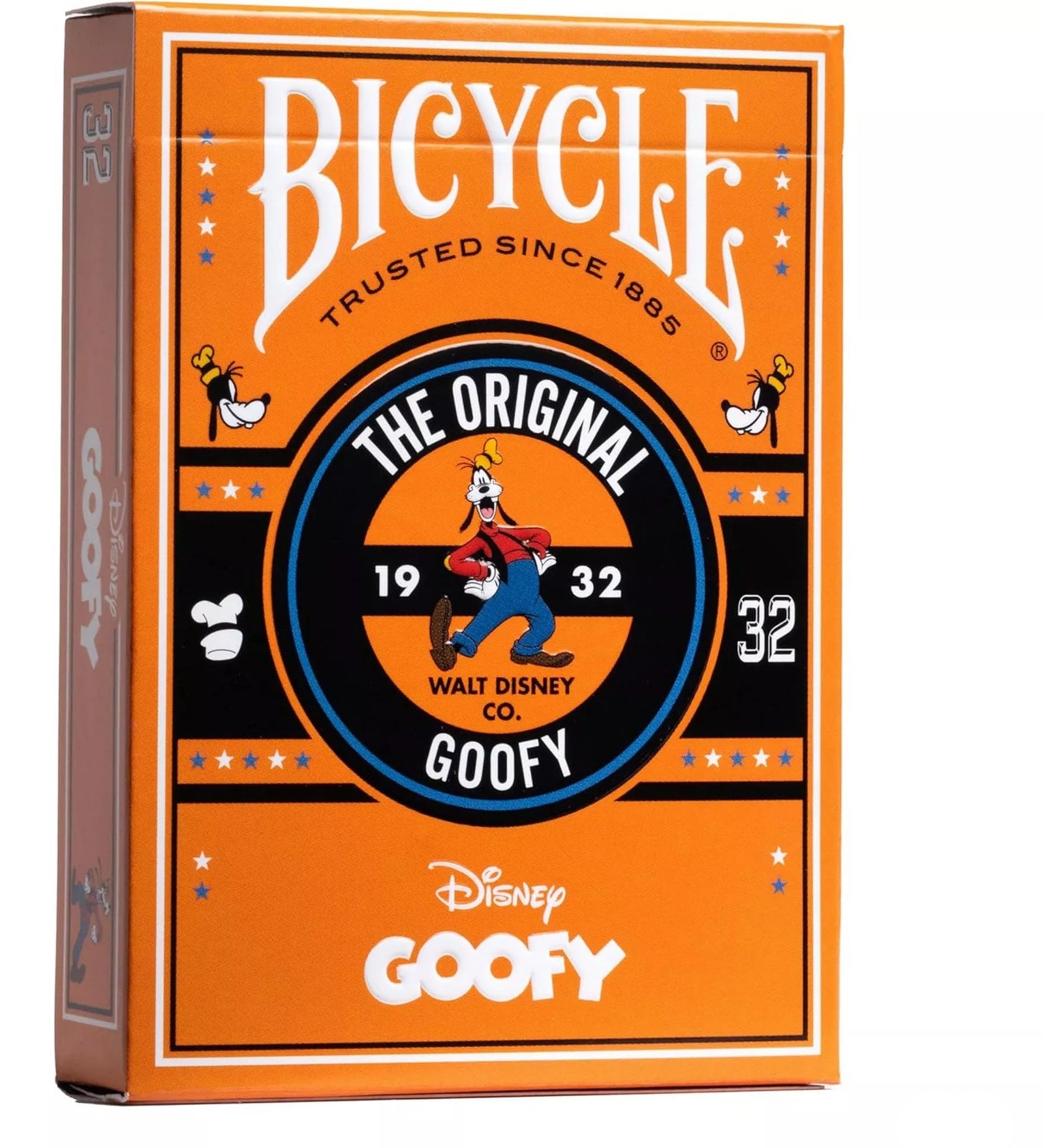 A Bicycle Disney Goofy kártyapakli doboza narancssárga alapon, középen Goofy rajzával és a „The Original Goofy 1932” felirattal, klasszikus Disney stílusban.