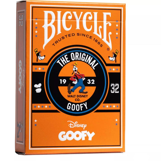 A Bicycle Disney Goofy kártyapakli doboza narancssárga alapon, középen Goofy rajzával és a „The Original Goofy 1932” felirattal, klasszikus Disney stílusban.