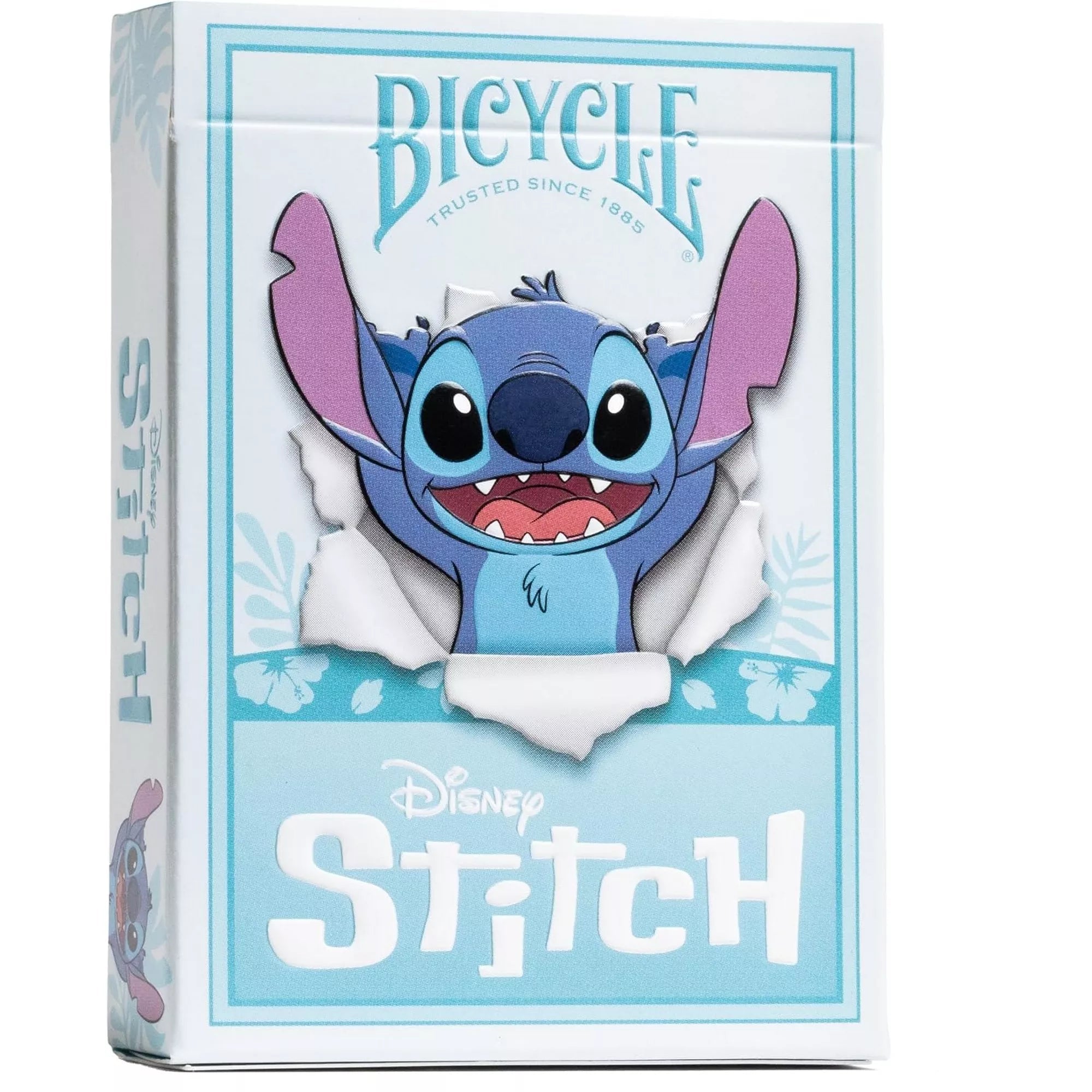 A Bicycle Stitch kártyapakli doboza fehér és kék dizájnnal, középen Stitch vidám arcképével, amint átszakítja a papírt.