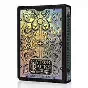 Gatorbacks holographic edition kártyapakli doboz hátoldala, fekete alapon díszes, holografikus mintákkal és részletgazdag krokodil motívummal.