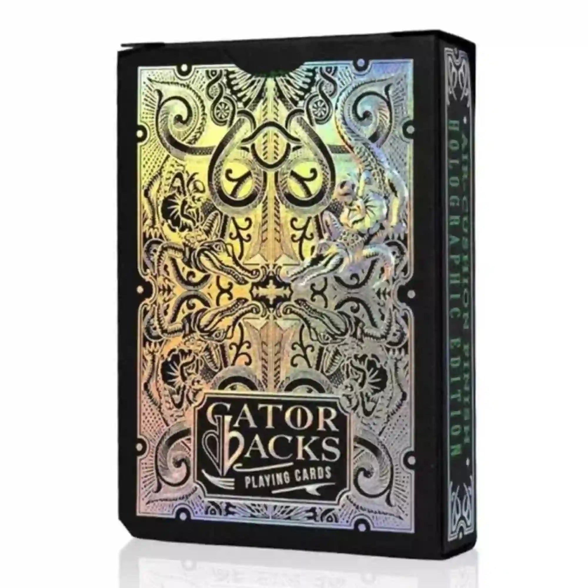 Gatorbacks holographic edition kártyapakli doboz hátoldala, fekete alapon díszes, holografikus mintákkal és részletgazdag krokodil motívummal.