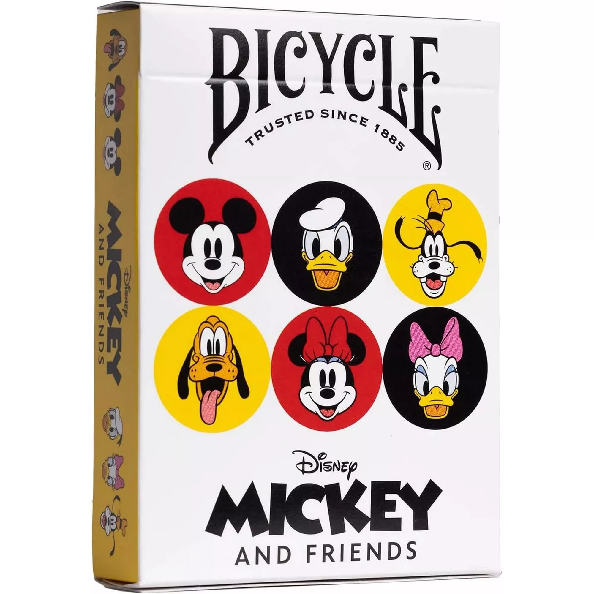 A Bicycle Disney Mickey and Friends kártyapakli doboza, melyen Mickey egér, Donald kacsa, Goofy, Pluto, Minnie és Daisy színes körökben látható.