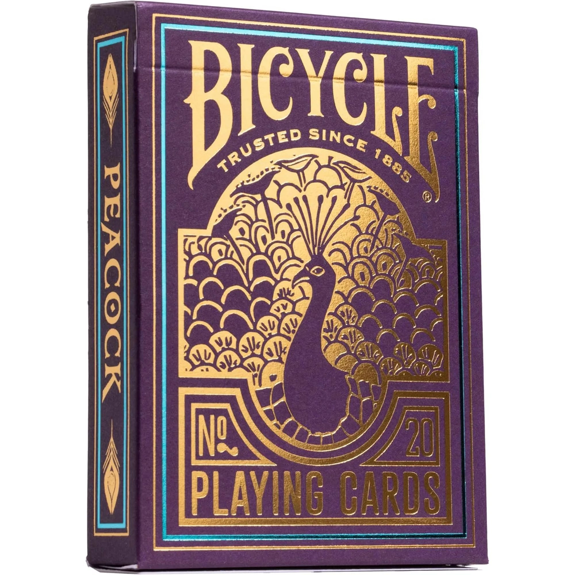 A Bicycle Peacock kártyapakli doboza lila alapon, arany dombornyomott páva mintával és „Playing Cards” felirattal, elegáns art deco stílusban.