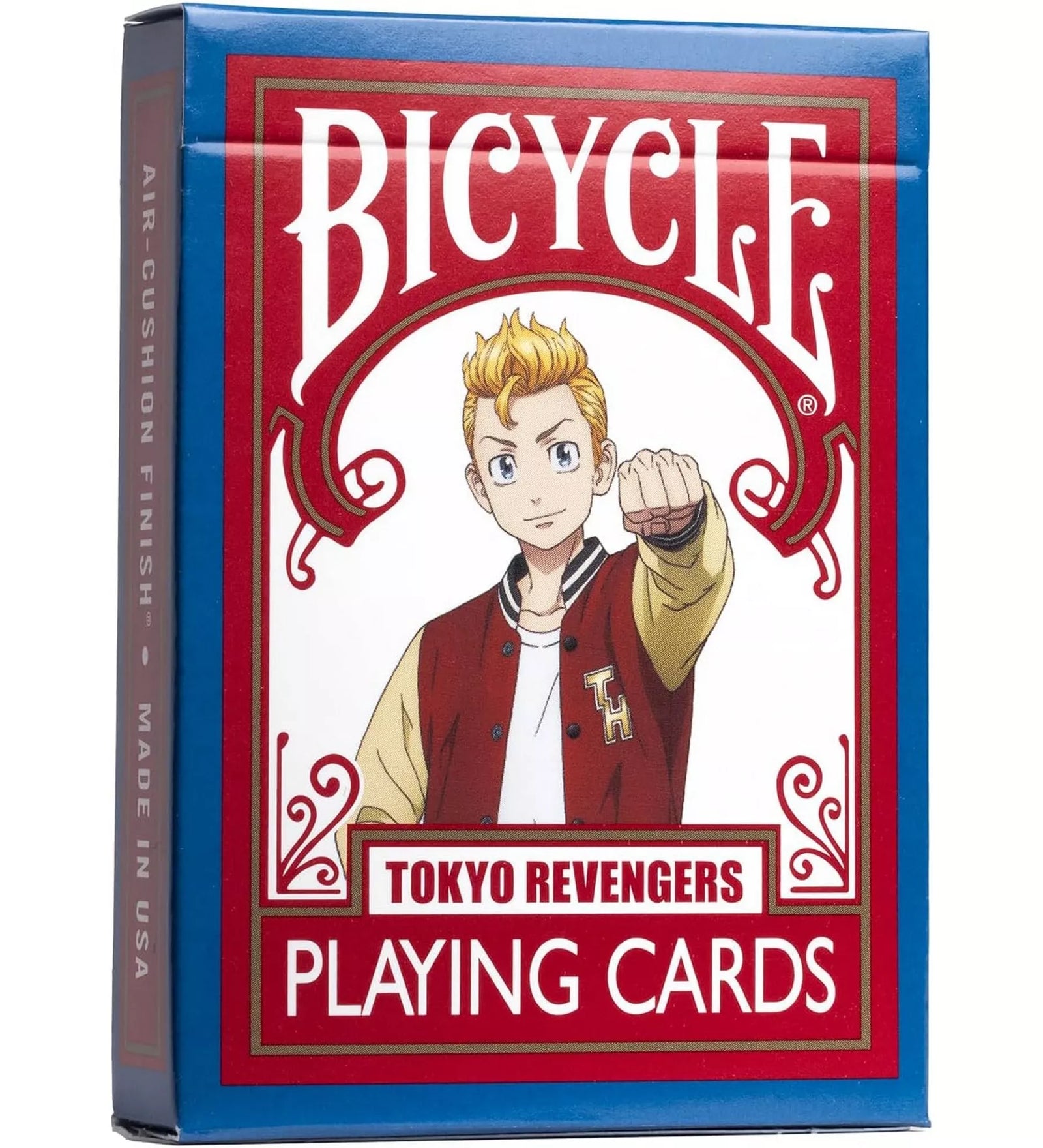 A Bicycle Tokyo Revengers kártyapakli doboza, amelyen egy anime stílusú karakter látható piros dzsekiben, ökölbe szorított kézzel, fehér és piros mintás háttérrel.