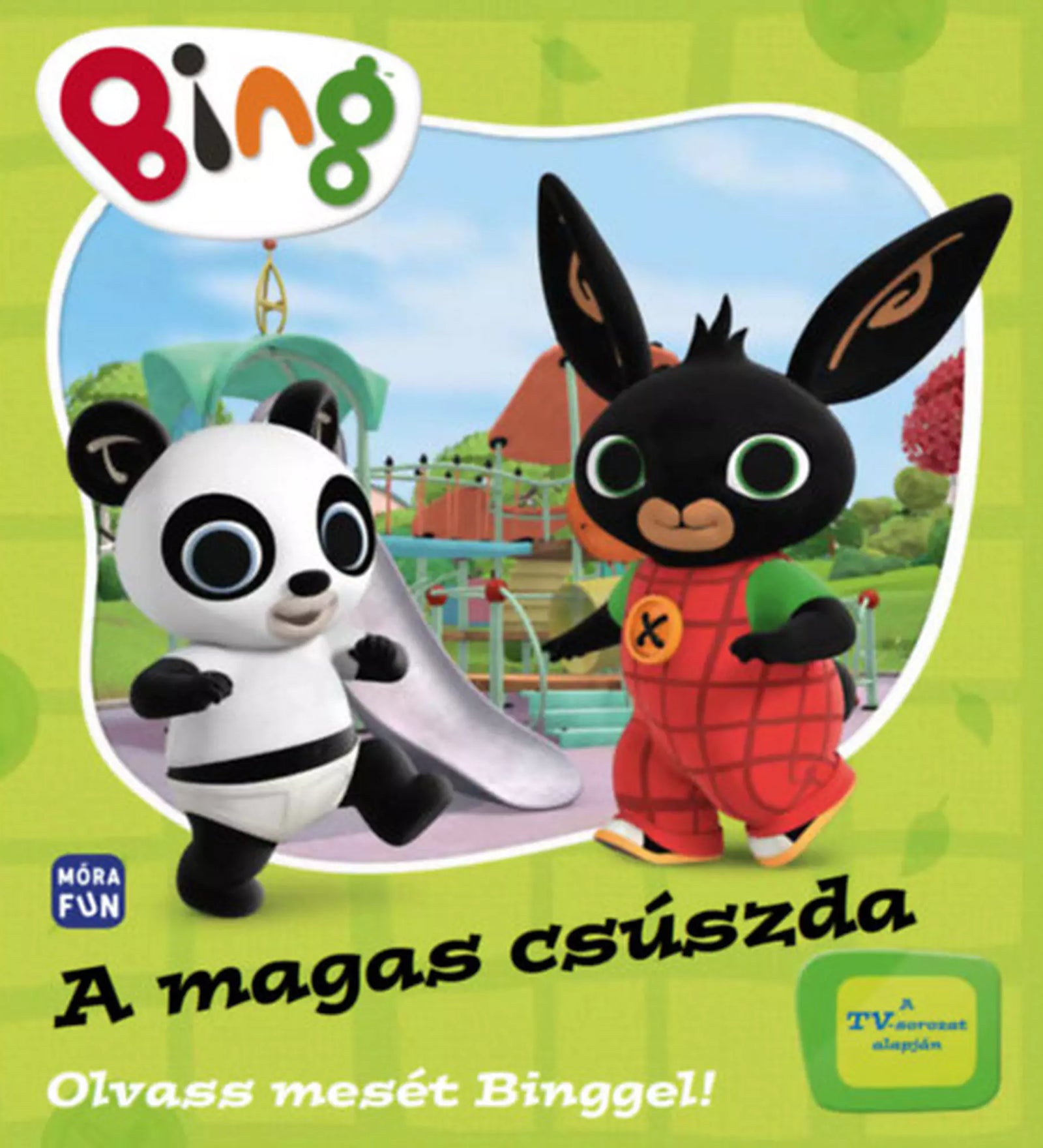 „A magas csúszda” című könyv borítója, amelyen Bing nyuszi és barátja, Pando panda egy játszótér csúszdája előtt állnak vidáman, élénk színekkel illusztrált háttérrel.